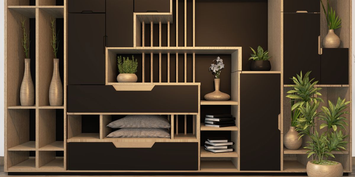 Modern modular shelving unit with various compartments holding vases, plants, books, and decorative items.