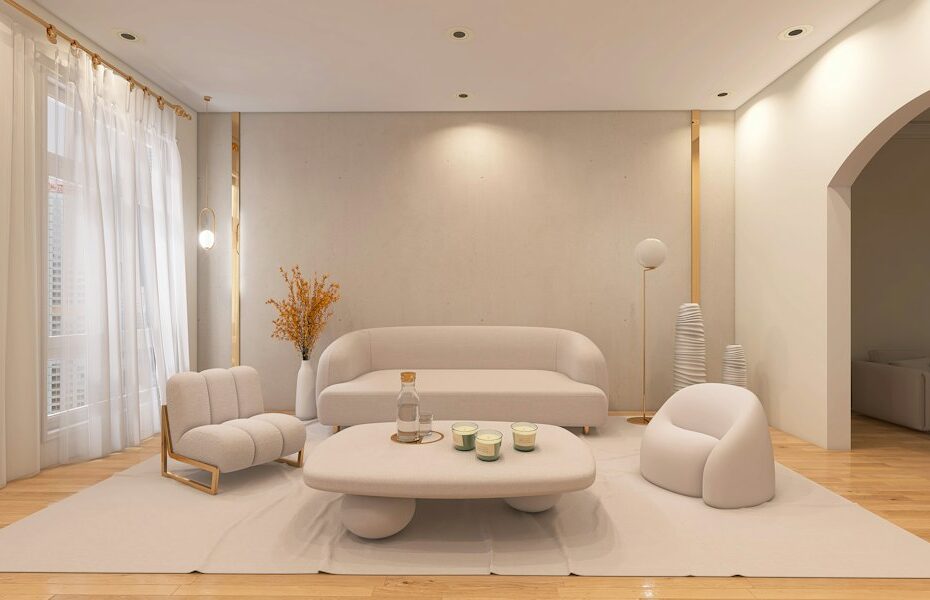 Bright and airy modern living room, staged with minimalist furniture and neutral colors to appeal to potential home buyers.
